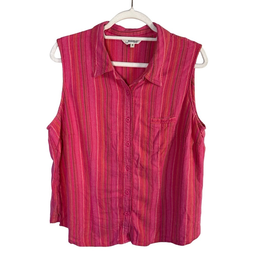 Jessica Pink and Red Striped Sleeveless Linen Button Down Shirt Size 18 Casual
